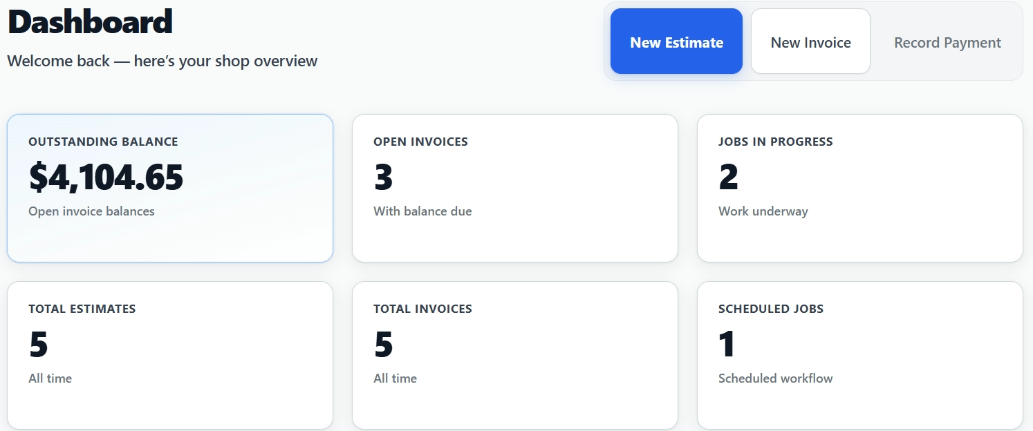 TrimQuote dashboard showing estimates, invoices, jobs in progress, and shop financial overview.